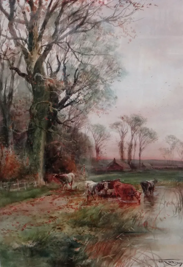 Henry Charles Fox (British 1855-1929), Cattle watering, signed and dated 1907, 55cm x 38cm.