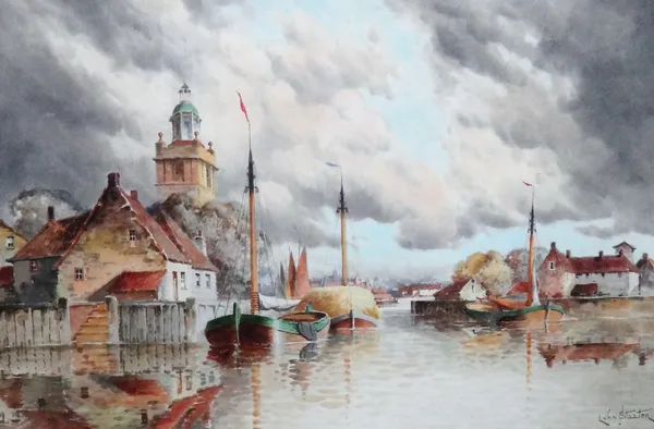 Louis van Staaten (Dutch 1836-1909), Canal scenes with barges, a pair, watercolour, 39cm x 58cm. (2)