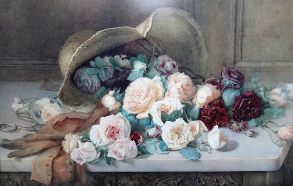 E Newcomb (British late 19th/early 20th Century) Still life of roses, a hat, gloves and scissors on a marble topped table, watercolour heightened with