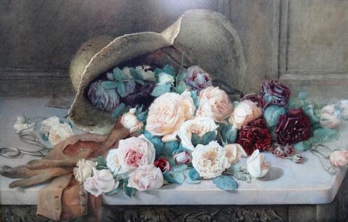 E Newcomb (British late 19th/early 20th Century) Still life of roses, a hat, gloves and scissors on a marble topped table, watercolour heightened with