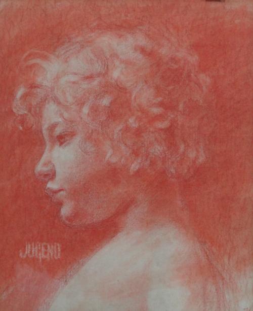 Continental School (19th century), Head study of a young boy looking left, red chalks, inscribed JUGENO, 29cm x 23.5cm.