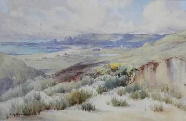 Clifford George Blampied (Jersey, 1875-1962), St Ouen's Bay from the sand dunes, watercolour, signed, inscribed on reverse, 17.5cm x 27cm.; together w