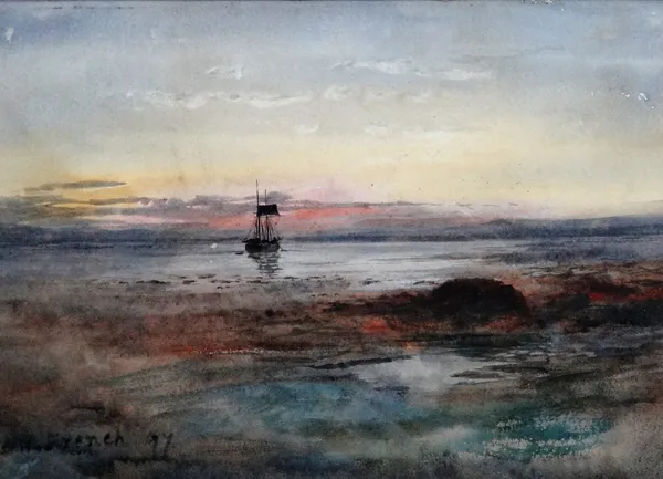 William Percy French (Irish, 1854-1920), A ship in a coastal landscape, watercolour,  signed and dated '97, 18cm x 25.5cm.