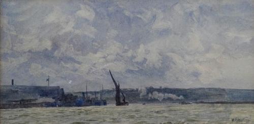 William Lionel Wyllie (British, 1851-1931), Boats off the coast, signed, watercolour, 9 x 18cm.