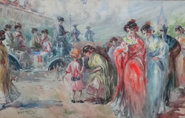Ruiz Morales (Spanish, 1872-1944), A colourful gathering, a pair, watercolour, both signed, each 28cm x 45cm. (2)
