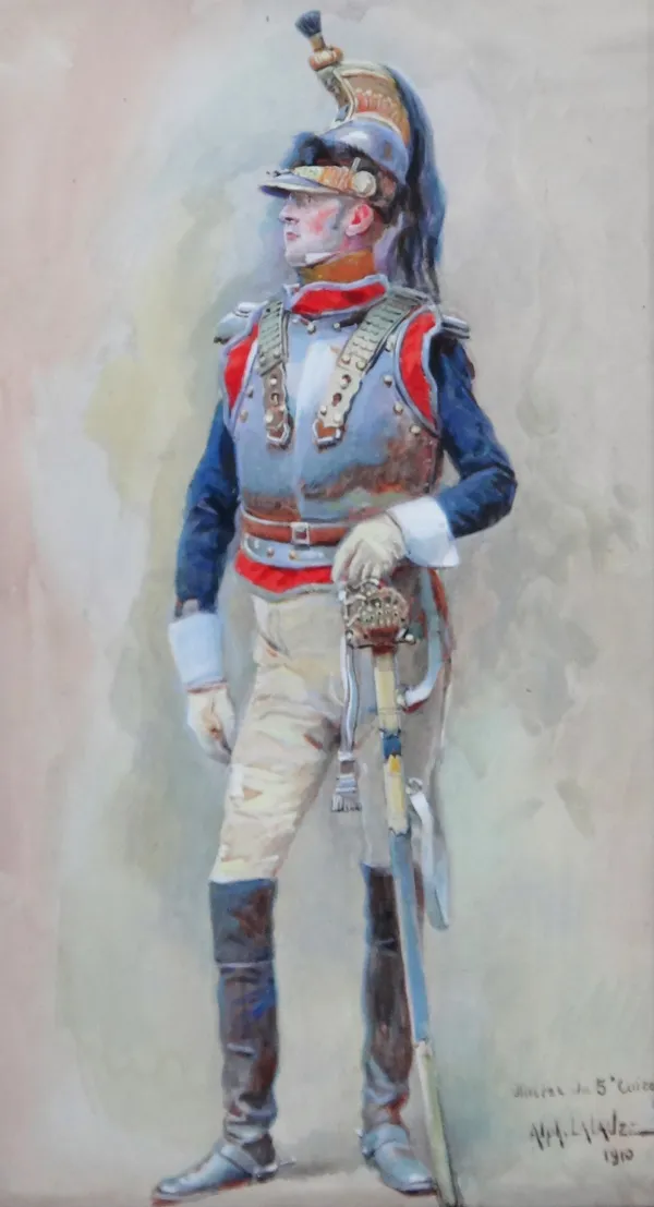 Alphonse LaLauze (French, 1872-1936) A set of four portraits of officers of four Napoleonic regiments: 8' Dragoons; Carabiniers; Chasseurs and 5' Cuir