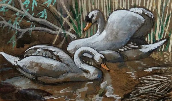 Charles Frederick Tunnicliffe (British, 1901-1979), Swans; Pintail ducks; Birds following a plough, three, watercolour and body colour over pencil, tw