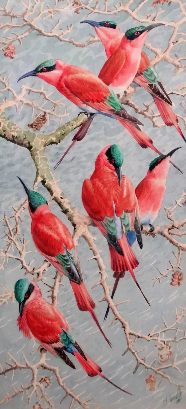 Charles Frederick Tunnicliffe (British, 1901-1979), Carmine bee-eaters; Flamingos, two, one watercolour, the other white body colour over pencil, one