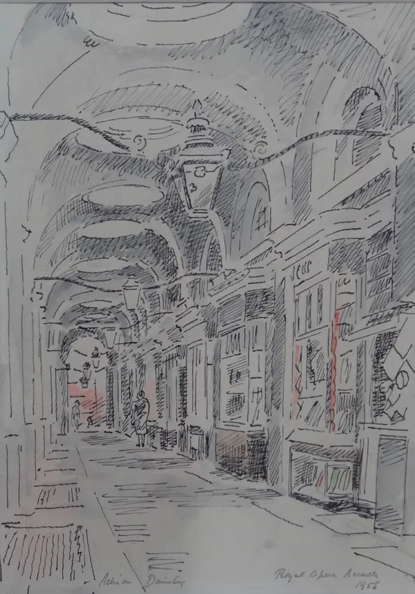 Adrian Daintrey (British 1902-1988), Royal Opera Arcade, pen, ink and wash over pencil, signed, inscribed and dated 1956, 35cm x 24.5cm. ARR