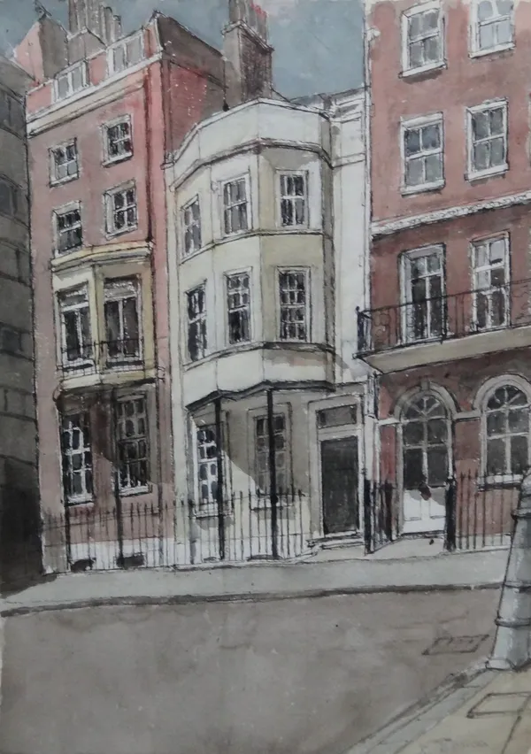 Denys George Wells (British 1881-1973), London street scene, watercolour, pen and ink, 56.5cm x 39cm.