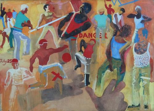 Walter Kershaw (British b.1940), Men at work: Study for a mural, gouache, signed, 20cm x 28.5cm.