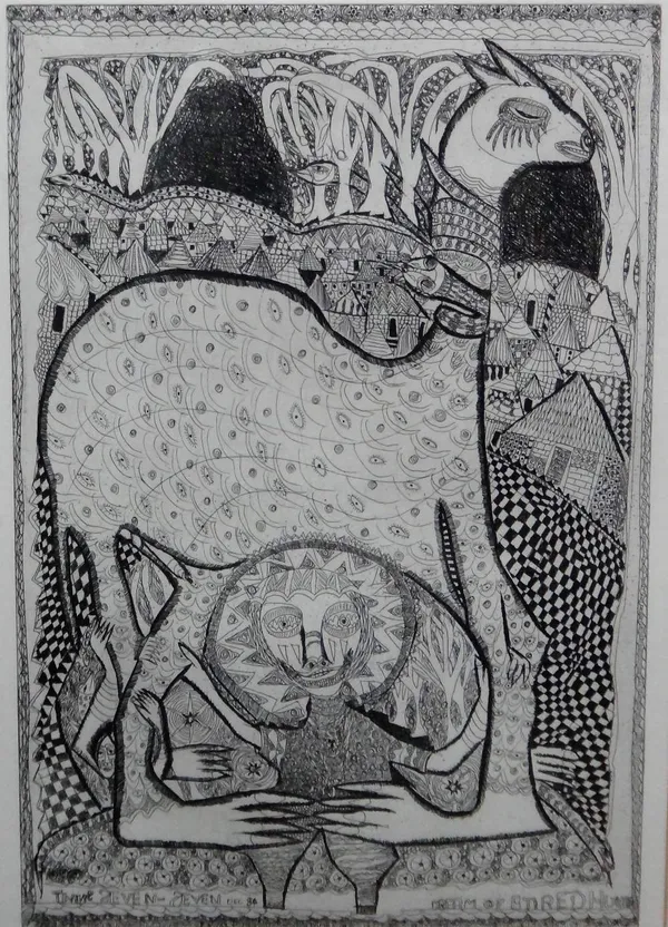 Twins Seven-Seven (Nigerian 1944-2011), Dream of a tired hunter, etching, 45cm x 30cm.
