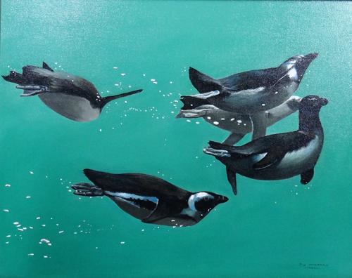 Pip McGarry (British b. 1955), Penguins Swimming, oil on canvas, signed and dated 1999, 38.5 x 49cm. ARR