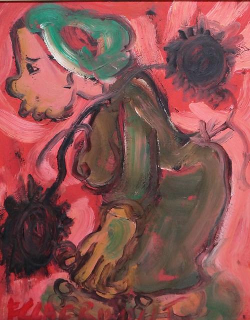 Frans Martin Claerhout (South African, 1919-2006), Woman with flowers, acrylic on board, signed, 55cm x 44.5cm.