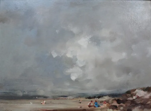 Peter Burman (British b.1950), Figures on a beach under stormy skies, oil on board, signed, 29cm x 39cm. ARR