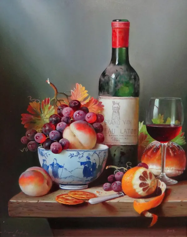 Raymond Campbell (British, b.1956), Still life with wine, fruit and cheese, oil on board, signed and dated 2009, 49cm x 39cm. ARR