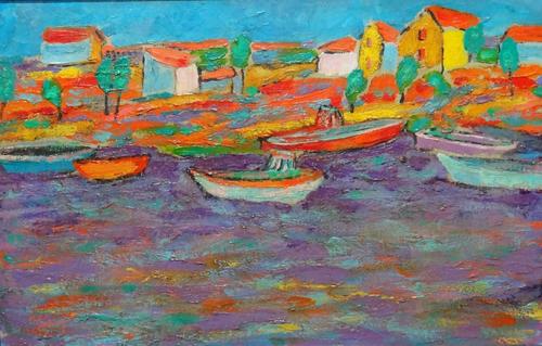 Pierre Ambrogiani (French 1907-1985), Coastal town from the sea, oil on canvas, signed, 44cm x 68.5cm. ARR