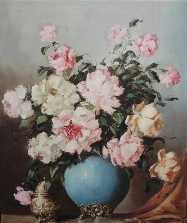 K** K** (20th century), Still life of roses and peonies in a vase, oil on canvas, indistinctly signed, unframed, 60.6cm x 50.5cm.