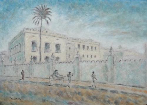 Attributed to Oliver Messel (British 1904-1978), Figures passing a tropical palace, oil sketch on board, bears a signature, 42.5cm x 59.5cm.