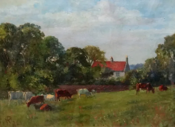 English School, late 19th/early 20th Century, Cows grazing in a field with a farmhouse beyond, bears monogram, oil on canvas, 54cm x 74cm