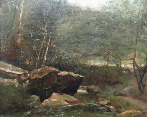 E. Boiton (19th/20th century), A wooded stream, oil on board, signed, 28cm x 35cm.