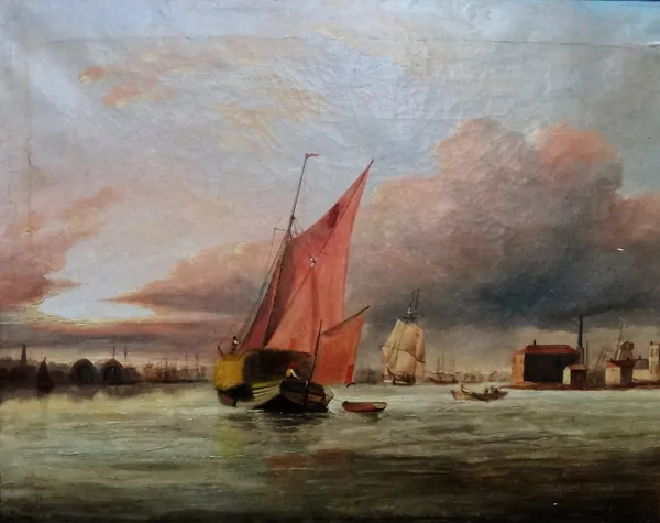 A/S H. Dawson (19th century), A hay barge entering harbour, oil on canvas, signed and dated 1856, 45cm x 56.5cm.