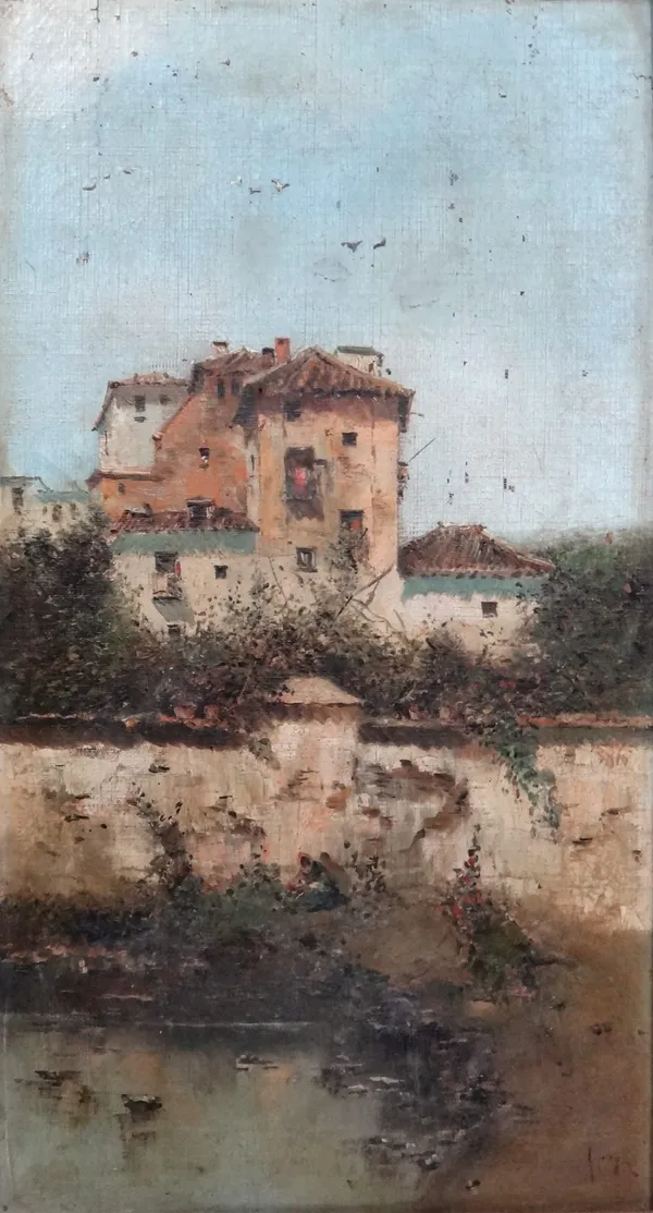 Spanish School (19th century), River scene with houses, oil on canvas, 43cm x 23cm.