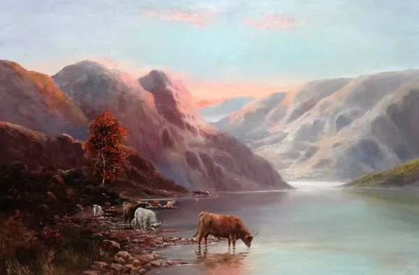 David Hicks (British late 19th/early 20th Century), Cattle watering at a highland loch, oil on canvas, signed, 49.5cm x 75cm.