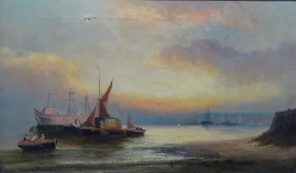 William Langley (British 1852-1922), Departing day, Old Hulls, Devonport, oil on canvas, signed, 29cm x 50cm.