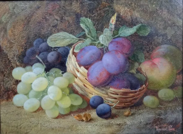 Vincent Clare (British, 1855-1925), Still life of plums and grapes on a mossy bank, oil on canvas, signed, 22cm x 29cm.