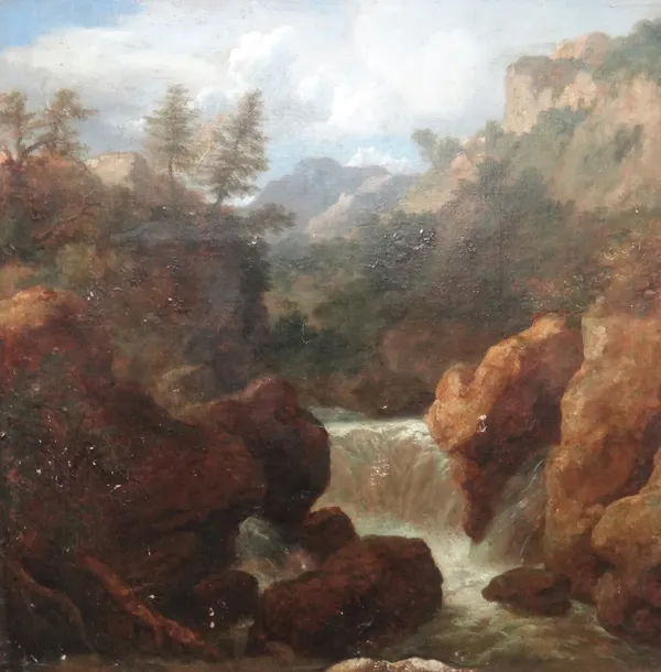 Follower of Joseph Mellor, A waterfall in a rocky wooded gorge, oil on canvas, unframed, 83cm x 86cm.