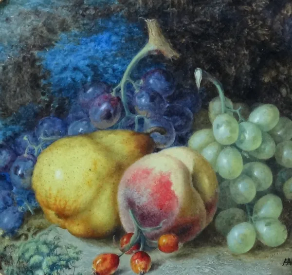 English School (19th century), Still life of fruit on a mossy bank, oil on canvas, signed with monogram and dated 1870, framed as oval, 29cm x 34cm.