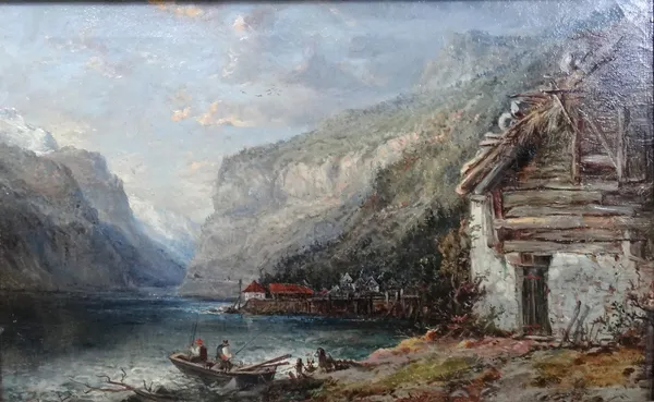 Robert Hudson junior (d.1881), A mountainous inlet, oil on canvas, signed, 27cm x 45cm.