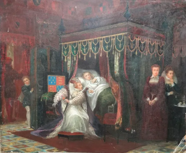 J** Fitzgerald (19th century), Elizabeth I at the deathbed of a courtier, oil on canvas, signed and dated 1869, 81cm x 99cm.  A/S