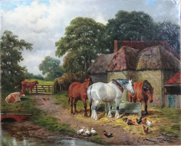 Attributed to Samuel Joseph Clark (British, 1834-1912), Farmyard scene, oil on canvas, bears a signature and date 1906, unframed, 43cm x 53.5cm.