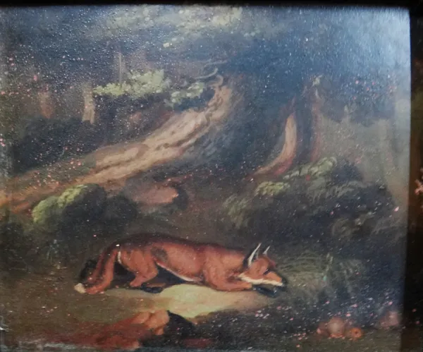 Follower of George Armfield, Two terriers; A fox lying low, a pair, oil on tin, one 12.5cm x 14.5cm, the other 13cm x 15.5cm. (2)