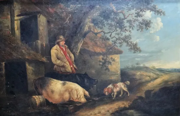 Follower of George Morland, The farmer with his dog and pigs, oil on canvas, 83.5cm x 125.5cm.