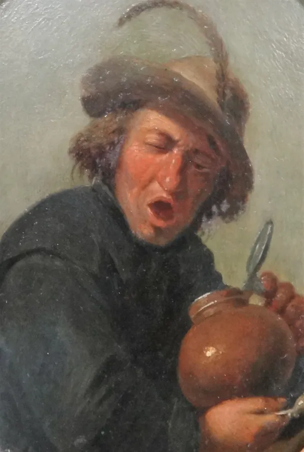 Manner of Joos van Craesbeeck, Study of a man with a lidded pitcher and pipe, oil on metal, oval, 18cm x 13.5cm.