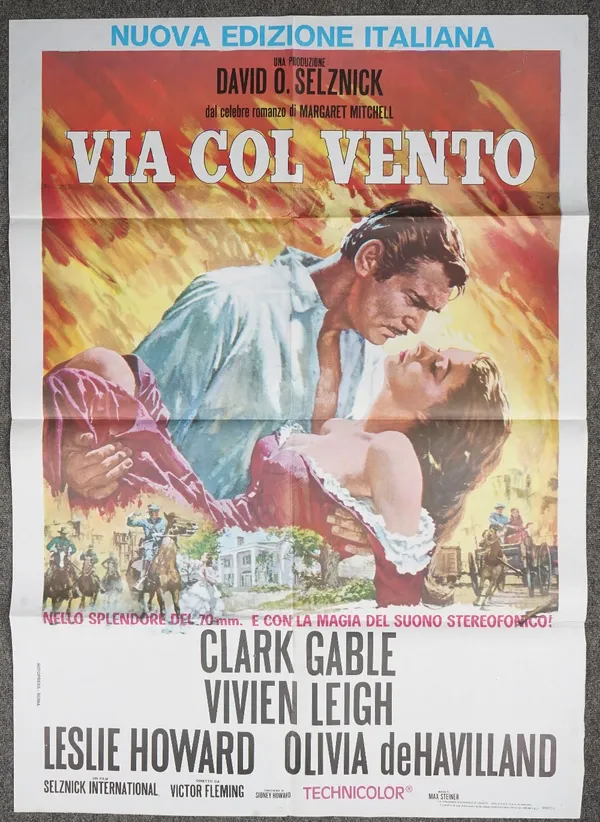 An Italian film poster 'Via Col Vento', Clarke Gable & Vivien Leigh, 140cm x 100cm, (folded).