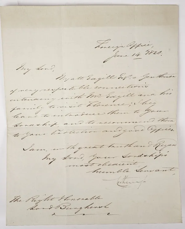 An autographed letter from Lord Castlereagh to Lord Burghersh, from the Foreign Office, June 14, 1820, 1pp, 12 lines.