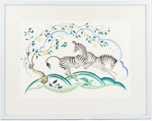 A pair of African watercolours, one depicting mountain zebra, the other African geese, 52cm x 37cm, framed and glazed. (2)