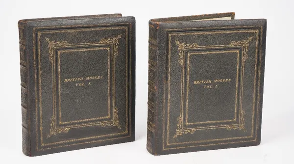 British Mosses (gilt titled to covers) two Victorian albums of specimens, extensively detailed in ink to the thick card pages, 25pp and 15pp.  (2)