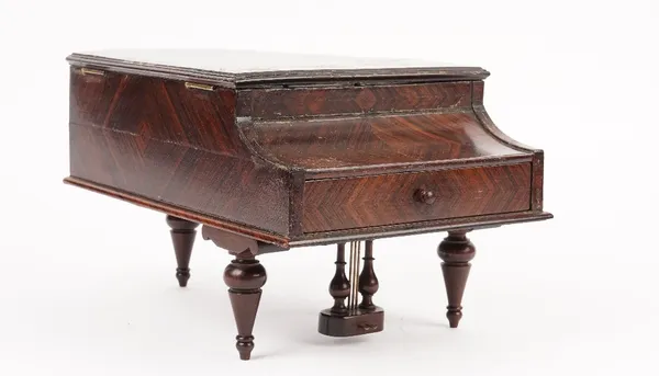 A burr maple and rosewood vanity box, late 19th/early 20th century, in the form of a grand piano, the hinged lid opening to reveal a mirrored undersid