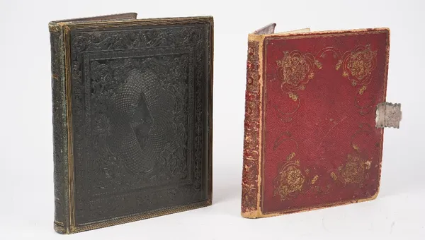 Commonplace books, two 19th century albums, one of 186pp., red morocco and gilt, gilt edges, blue textured end papers, 1832,  the other 158pp., ornate