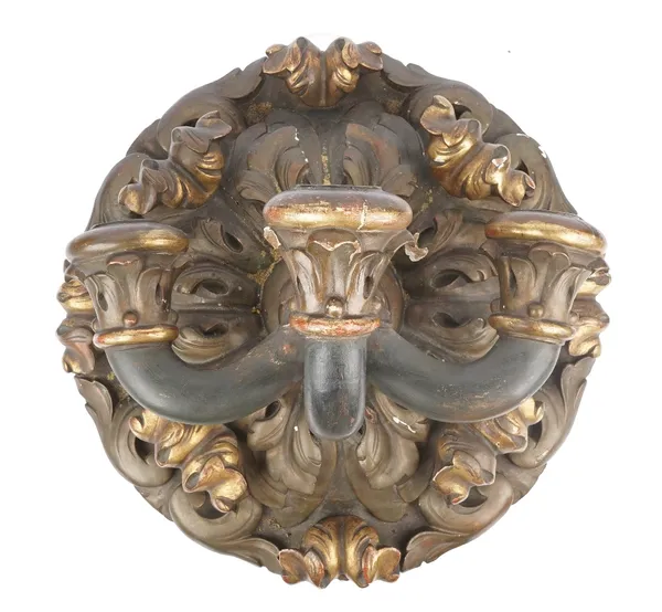 A giltwood three branch wall sconce, 19th century, carved in deep relief with acanthus leaves on a circular backplate with three protruding arms, 60cm