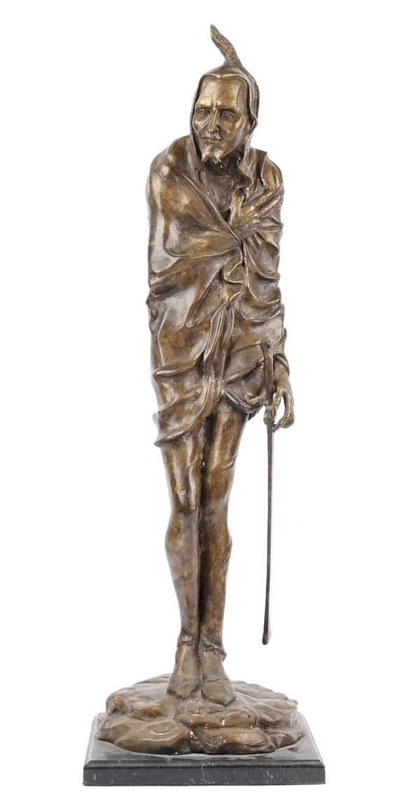 A modern patinated bronze figure of Mephistopheles, signed to the cast, 'J. Suize', on a square black marble plinth, 80cm high.