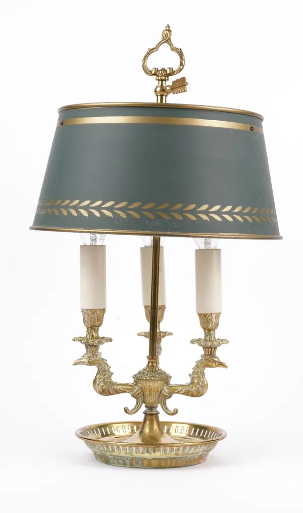 An Empire style bouillotte style brass table lamp, with green painted adjustable shade and three light fitments, 54cm high.