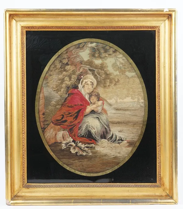 A Regency woodwork picture on silk, depicting mother and child against a landscape, in a rectangular giltwood frame, 55cm x 48cm.