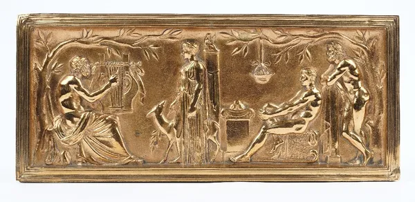 Ferdinand Levillain, French (1837-1905), a relief cast gilt bronze rectangular plaque depicting classical figures at leisure with rear hinged wooden f