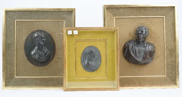 A modern composite bronze oval plaque depicting the Duke of Newcastle, 17cm, another patinated bronze plaque relief cast as the bust a gentleman, 18cm